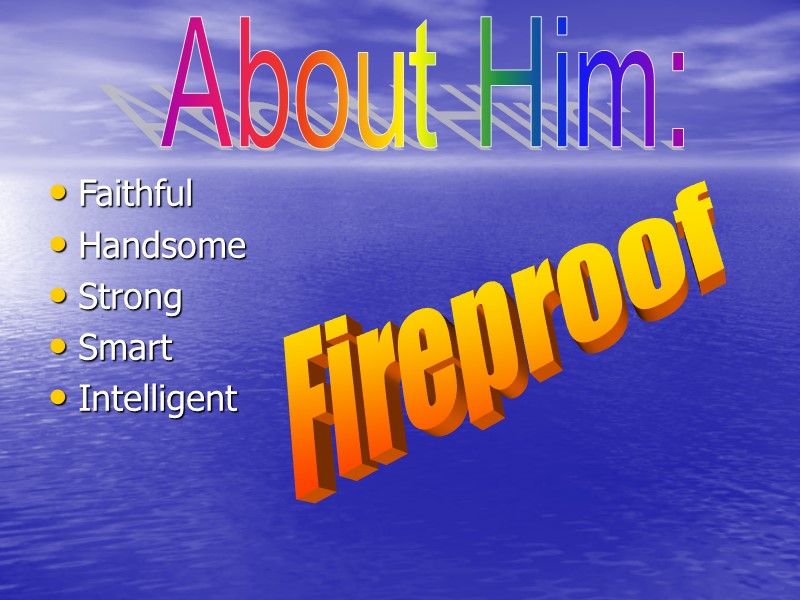Faithful  Handsome Strong Smart Intelligent  About Him: Fireproof